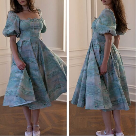 BEST Selkie The Water Lilies Day Midi Dress XSmall Green Cotton Party Cocktail - Picture 4 of 14